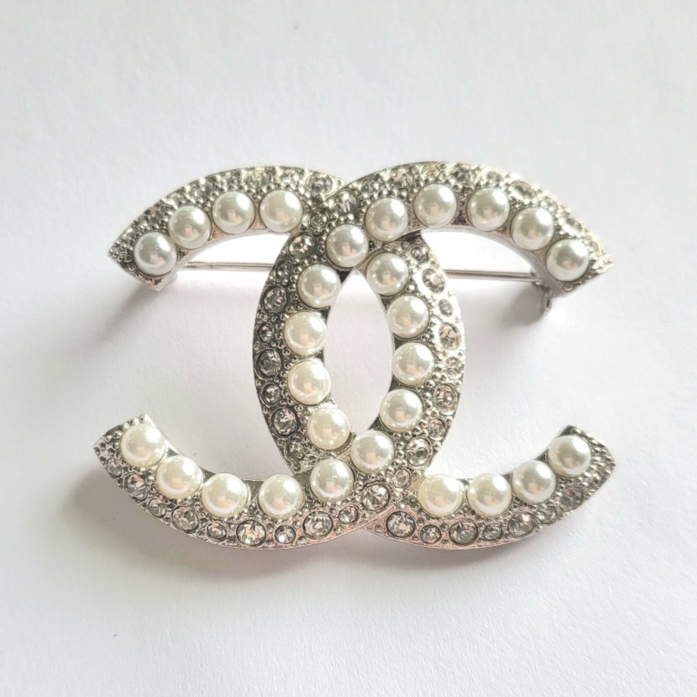 Chanel Silver Pearl Crystal Brooch Large